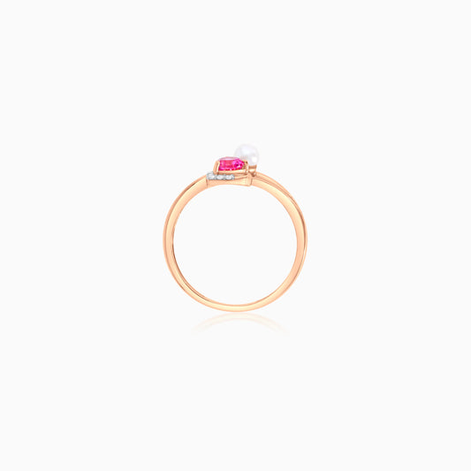 18K Rose Gold Heart-Shaped Pink Topaz Ring with Natural Diamonds and Single Pearl