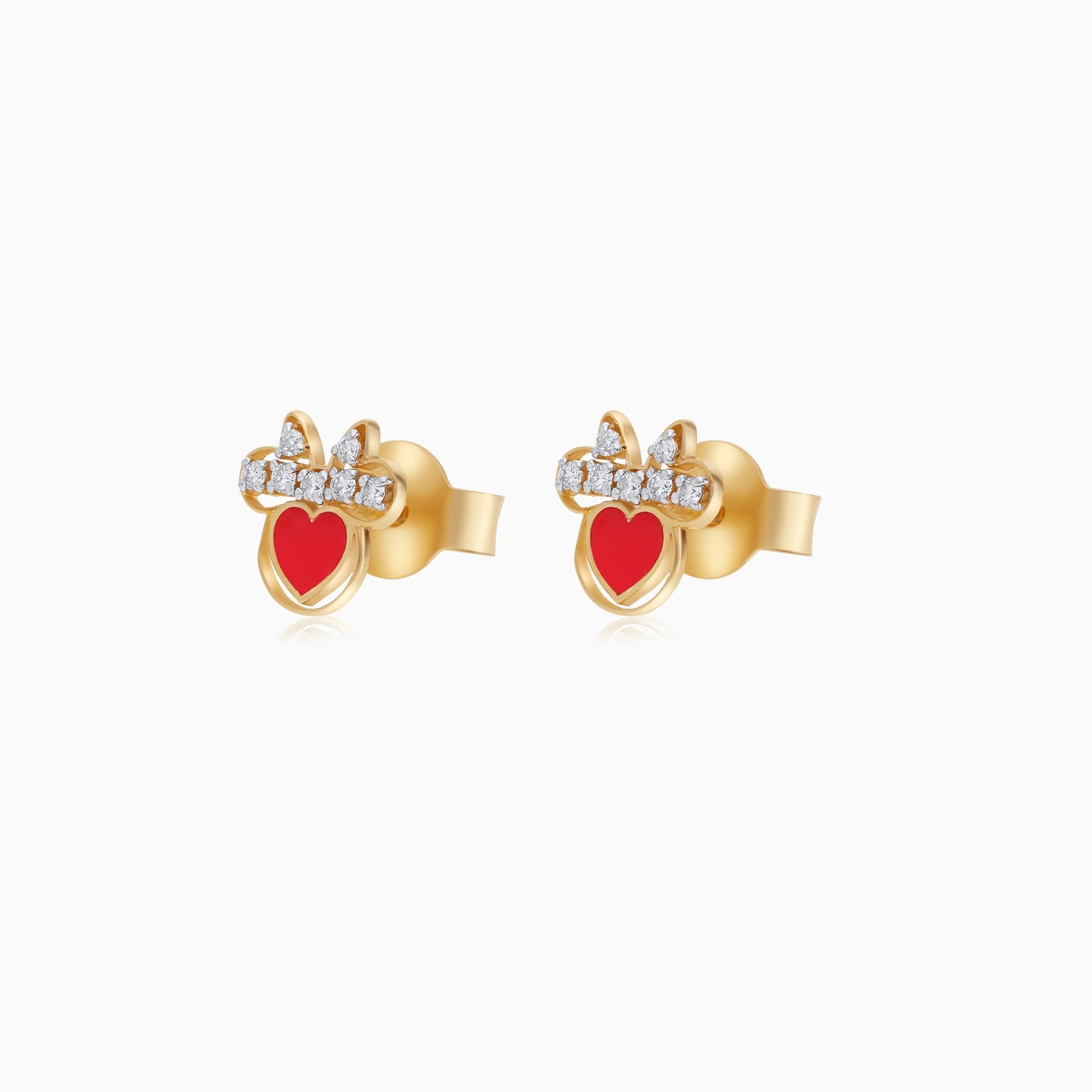 Minnie Mouse Hearts Stud Earrings in 18k Yellow Gold with Natural Diamonds & Red Enamel | Disney Collection