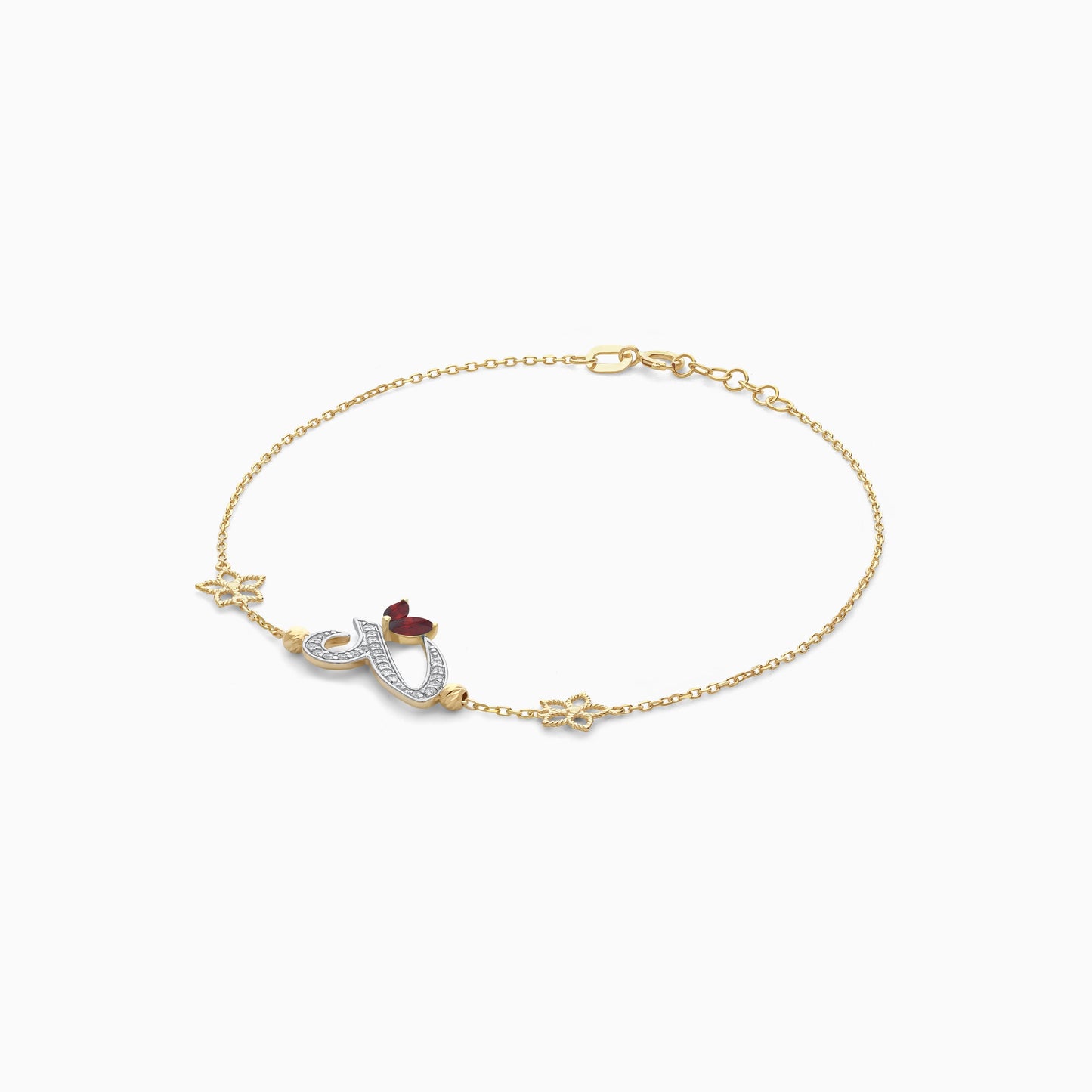 18K Yellow Gold Arabic ‘Ain’ Bracelet with Natural Diamond & Red Garnet | Horoufi Diamond Collection