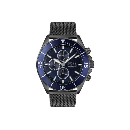 Boss Quartz movement Watch in a Round case with Grey Stainless steel bracelet and Blue Dial