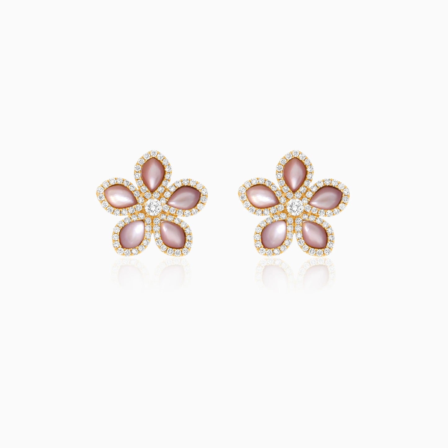 18K Yellow Gold Flower Earrings with Diamonds and Pink Mother of Pearl – Mosaic Collection