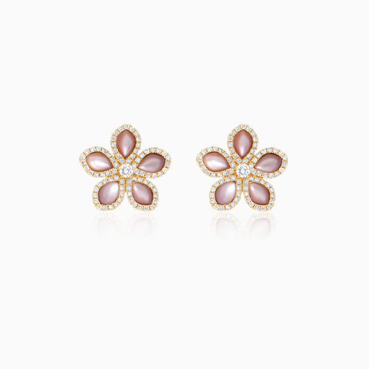 18K Yellow Gold Flower Earrings with Diamonds and Pink Mother of Pearl – Mosaic Collection