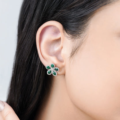 18K White Gold Flower Earrings with Diamonds and Malachite – Mosaic Collection