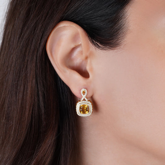 أقراط من الذهب الأصفر عيار 18 قيراطًا مرصعة بأحجار ألماس طبيعية وأحجار سيترين رائعة