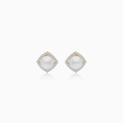 18K Yellow Gold Cultured Pearl and Natural Diamonds Stud Earrings