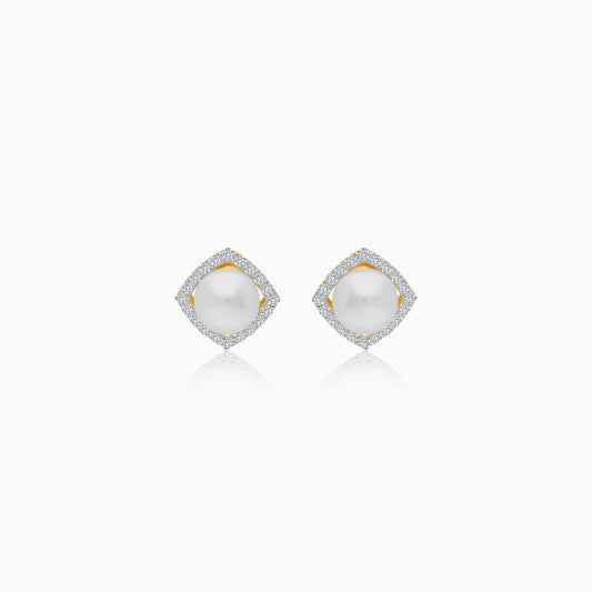 18K Yellow Gold Cultured Pearl and Natural Diamonds Stud Earrings
