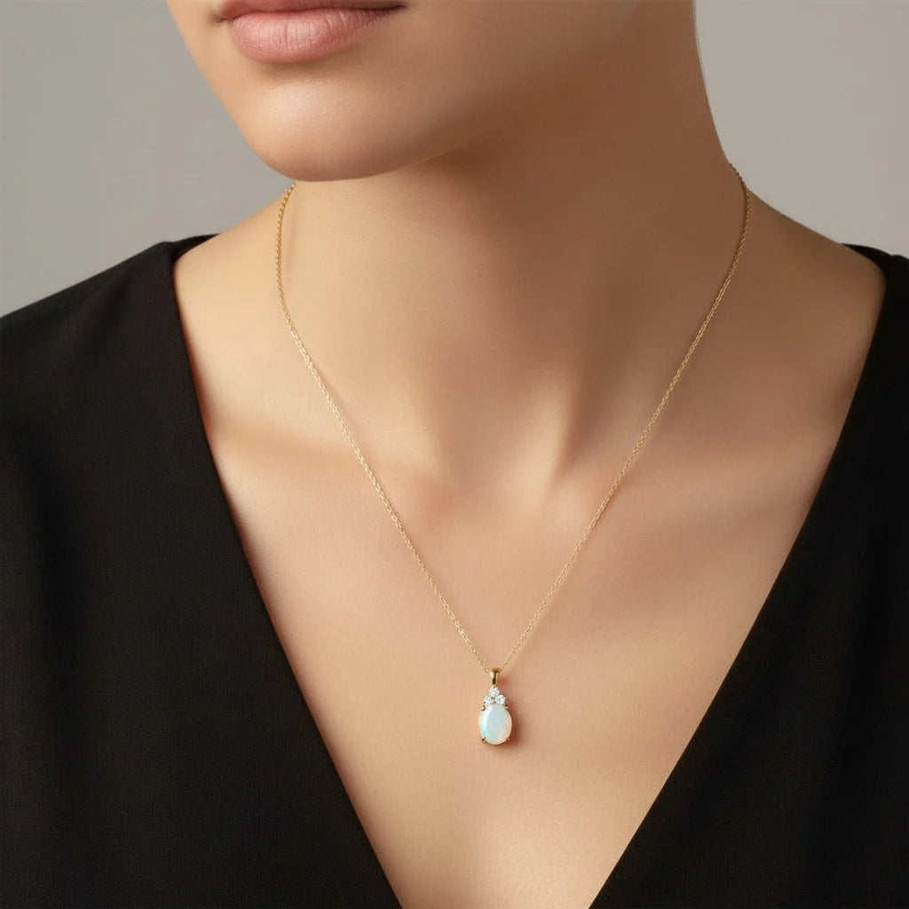 18k Yellow Gold chain decorated with amazing Opal & Round Brilliant Shape Natural Diamond pendant | Colour Classic Collection
