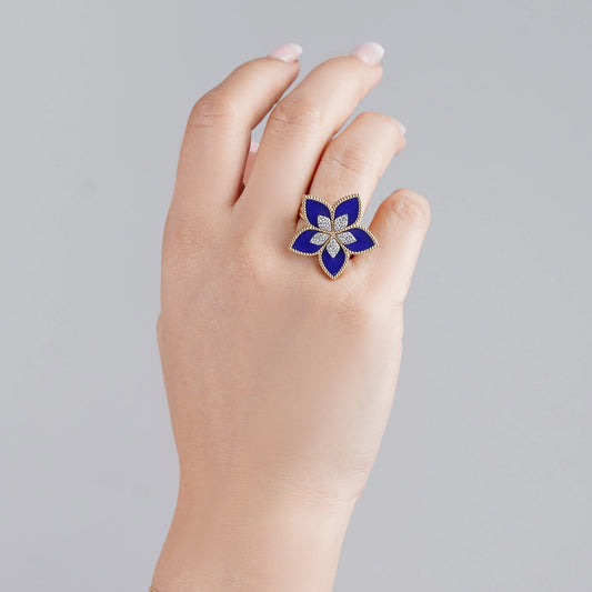 18K Yellow Gold Floral Ring with Diamonds and Lapis Lazuli - Fortuna Diamond Collection