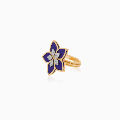 18K Yellow Gold Floral Ring with Diamonds and Lapis Lazuli - Fortuna Diamond Collection