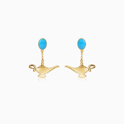 Disney Aladdin Genie Lamp Earrings in 18k Yellow Gold with Turquoise Enamelling | Disney Collection