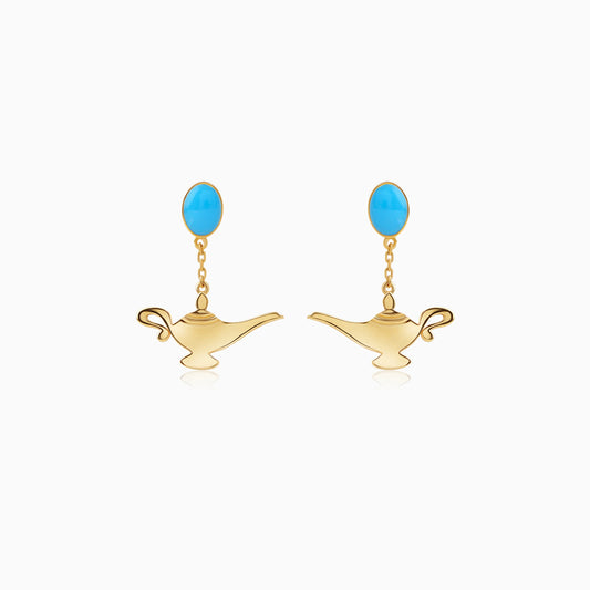 Disney Aladdin Genie Lamp Earrings in 18k Yellow Gold with Turquoise Enamelling | Disney Collection