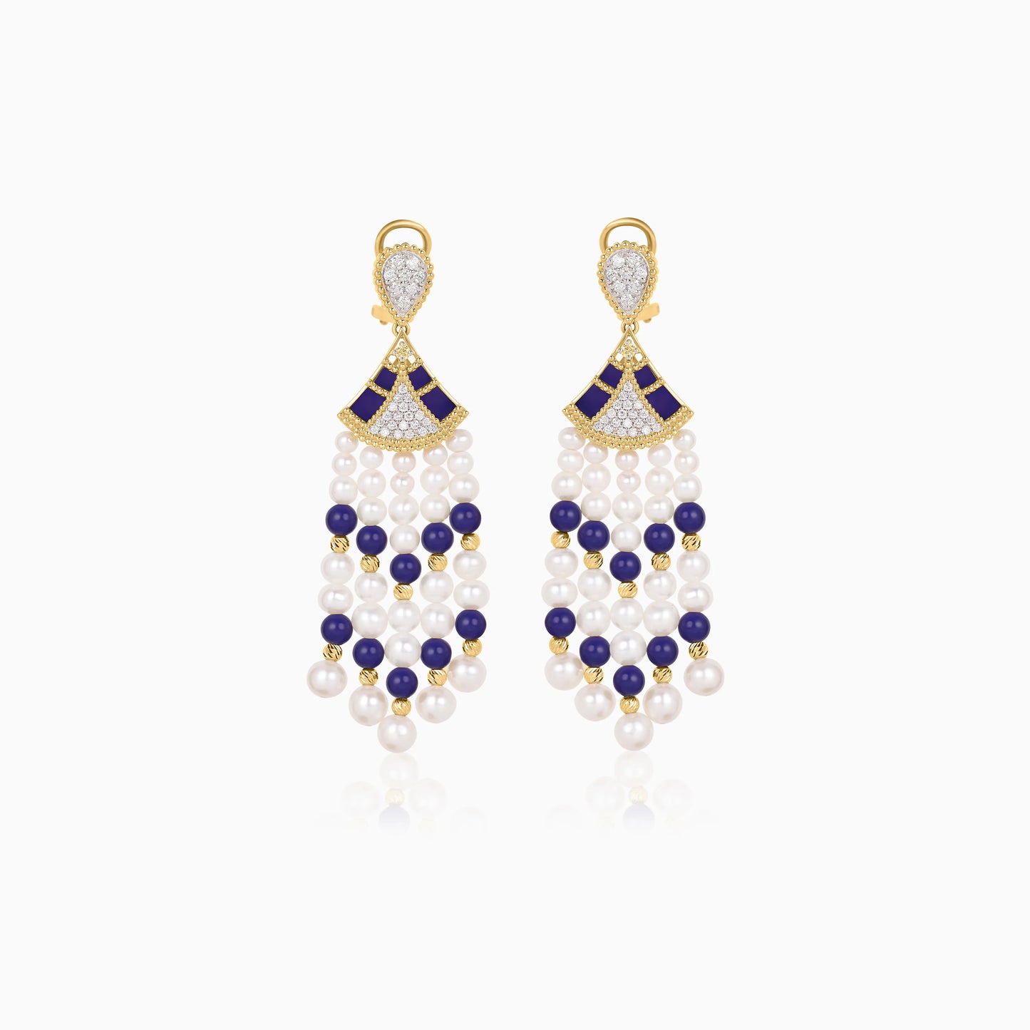 18K Yellow Gold Dangling Earrings with Pearls, Natural Diamonds and Lazurite stones