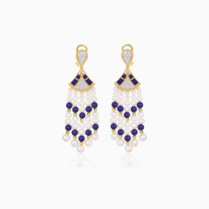 18K Yellow Gold Dangling Earrings with Pearls, Natural Diamonds and Lazurite stones