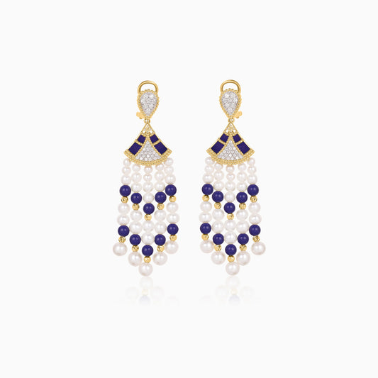 18K Yellow Gold Dangling Earrings with Pearls, Natural Diamonds and Lazurite stones