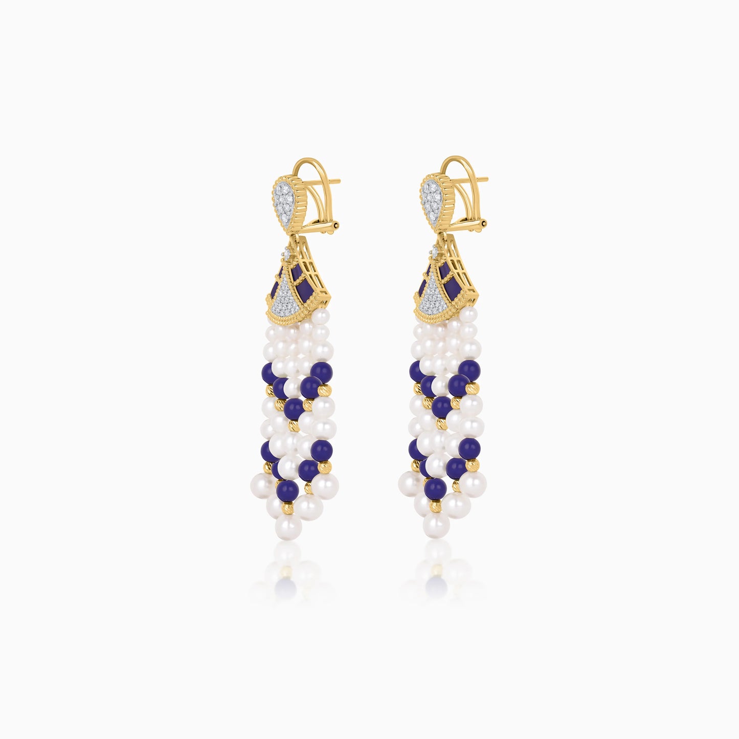 18K Yellow Gold Dangling Earrings with Pearls, Natural Diamonds and Lazurite stones