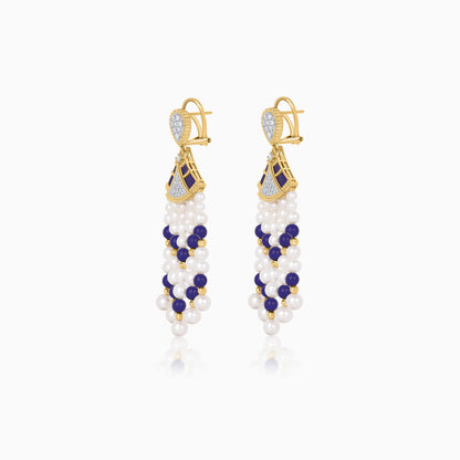 18K Yellow Gold Dangling Earrings with Pearls, Natural Diamonds and Lazurite stones