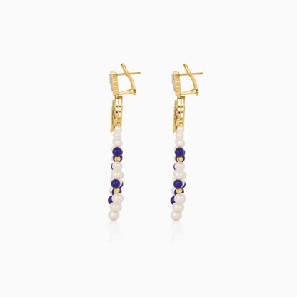 18K Yellow Gold Dangling Earrings with Pearls, Natural Diamonds and Lazurite stones