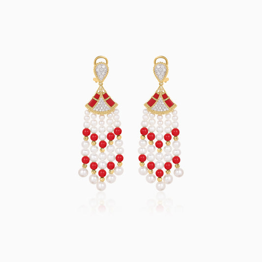 18K Yellow Gold Dangling Earrings with Pearls, Natural Diamonds and coral stones