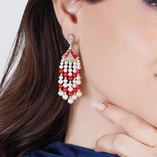 18K Yellow Gold Dangling Earrings with Pearls, Natural Diamonds and coral stones