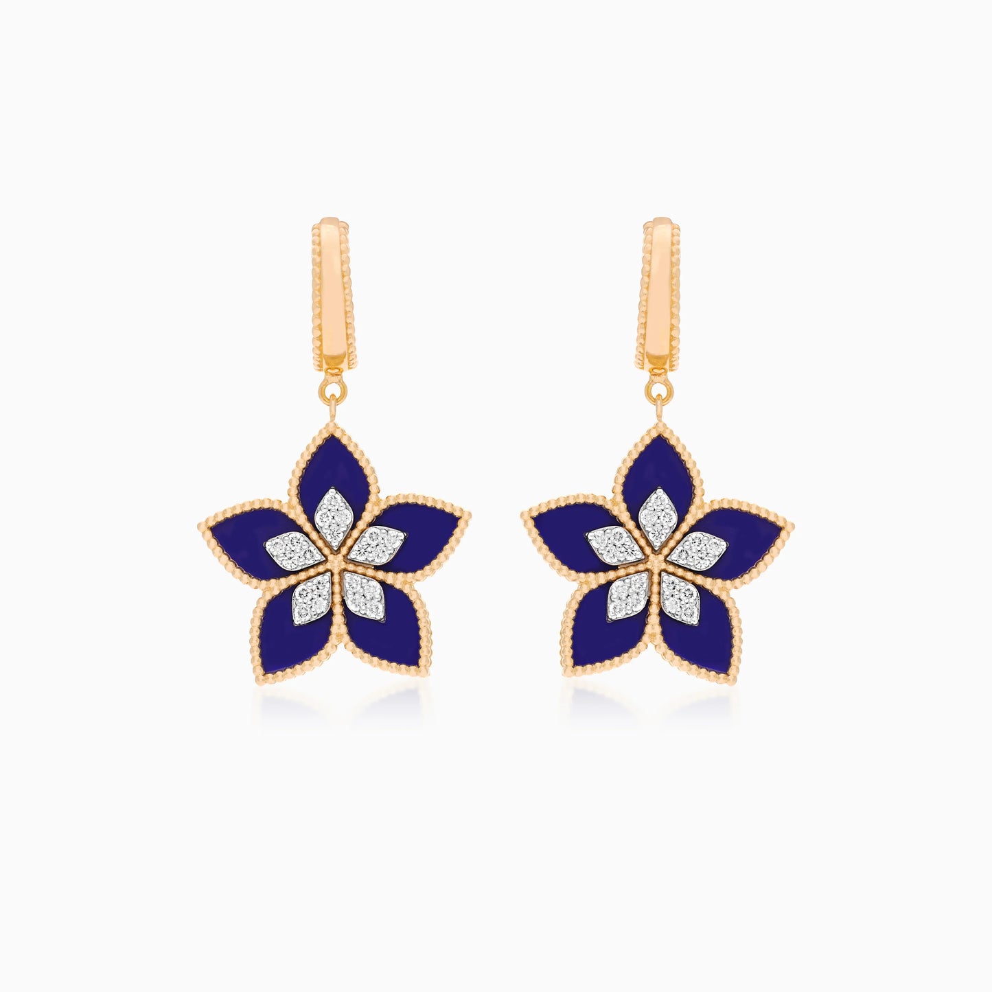 18K Yellow Gold Floral Earrings with Diamonds and Lapis Lazuli - Fortuna Diamond Collection