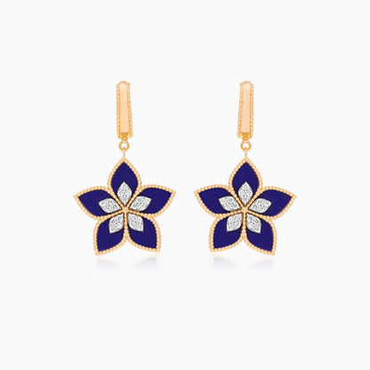 18K Yellow Gold Floral Earrings with Diamonds and Lapis Lazuli - Fortuna Diamond Collection