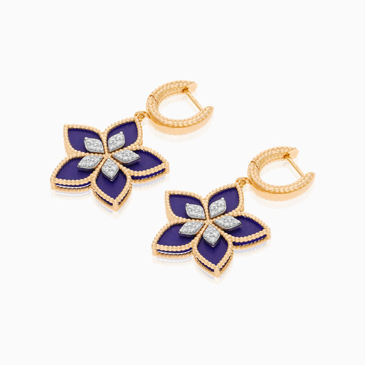 18K Yellow Gold Floral Earrings with Diamonds and Lapis Lazuli - Fortuna Diamond Collection