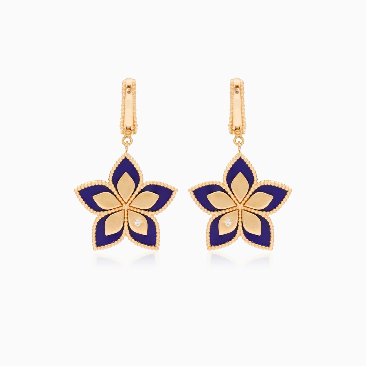 18K Yellow Gold Floral Earrings with Diamonds and Lapis Lazuli - Fortuna Diamond Collection