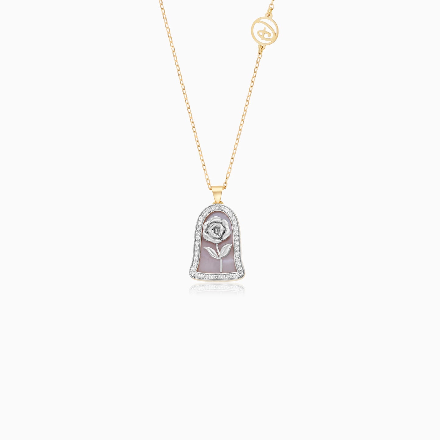 Enchanted Disney Princess Belle with flower Necklace 18k yellow and white gold decorated with MOP and natural diamond stones | Disney Collection