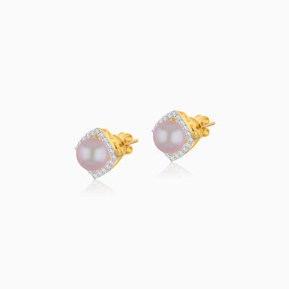18K Yellow Gold Cultured Pearl and Natural Diamonds Stud Earrings