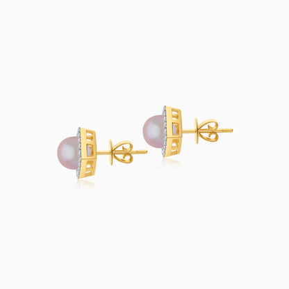 18K Yellow Gold Cultured Pearl and Natural Diamonds Stud Earrings