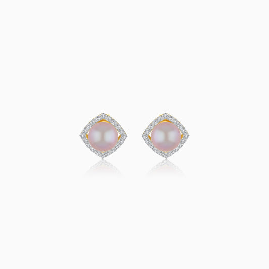 18K Yellow Gold Cultured Pearl and Natural Diamonds Stud Earrings