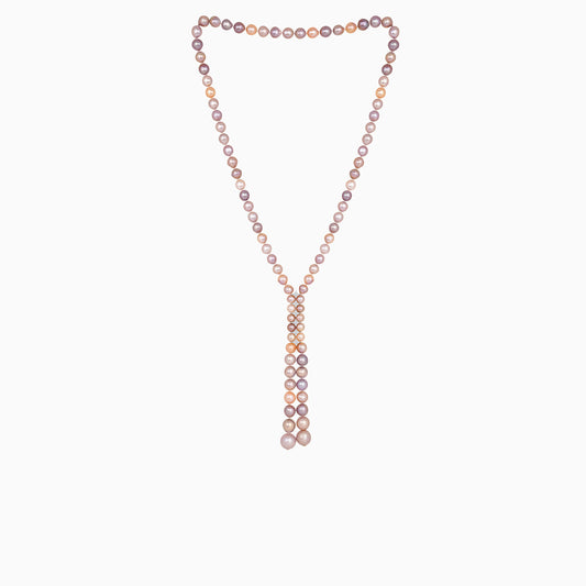 18K Yellow Gold Long Necklace with Multi-Color Pearls and Natural Diamonds