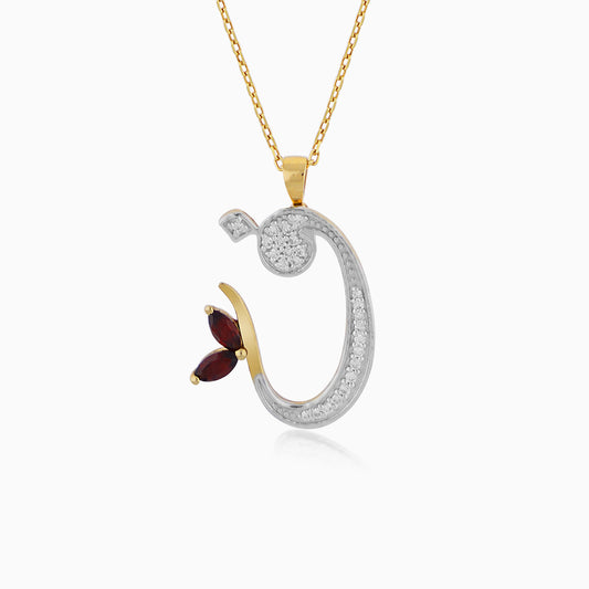 18k Yellow Gold 'FAA' Arabic Letter Necklace decorated with natural diamond and garnet stones
