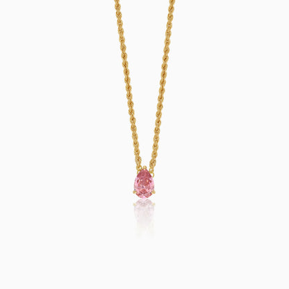 18K Yellow Gold Rope and Paperclip Chain with Pink Swarovski Zirconia Drop-Cut Stone