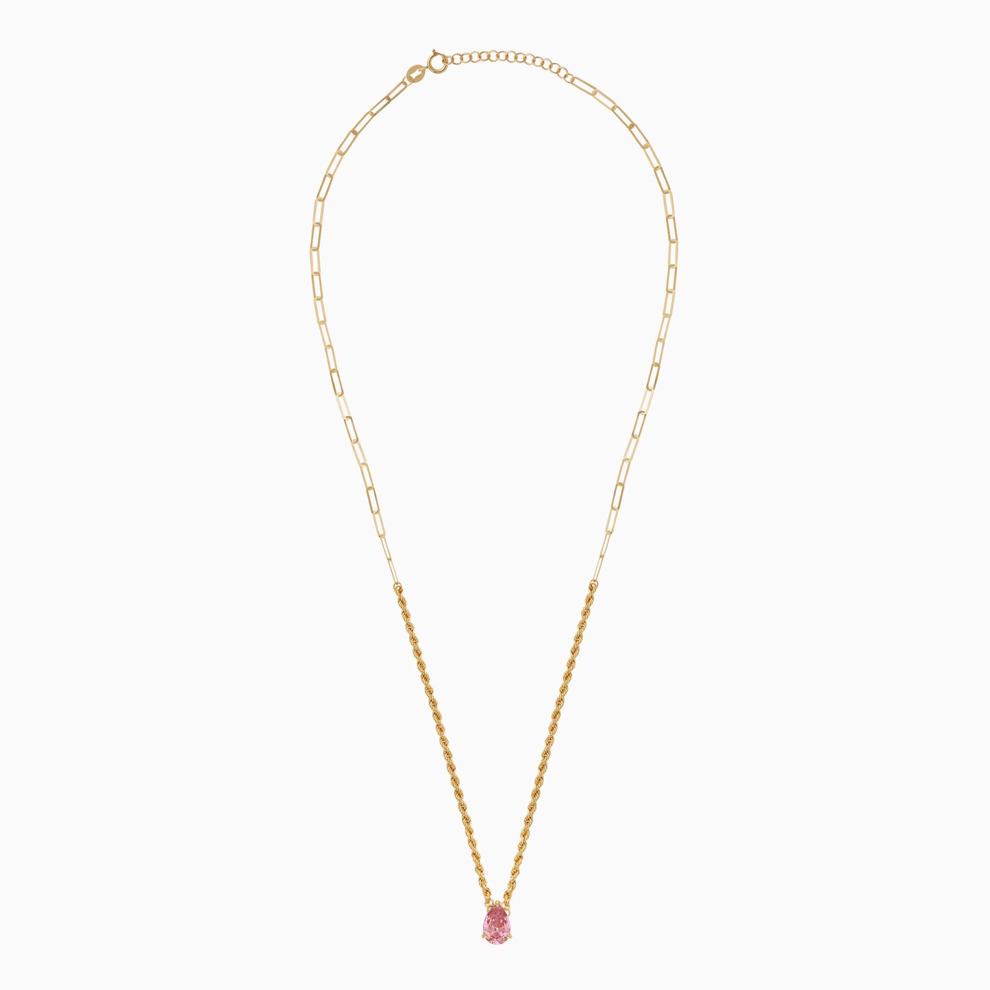 18K Yellow Gold Rope and Paperclip Chain with Pink Swarovski Zirconia Drop-Cut Stone