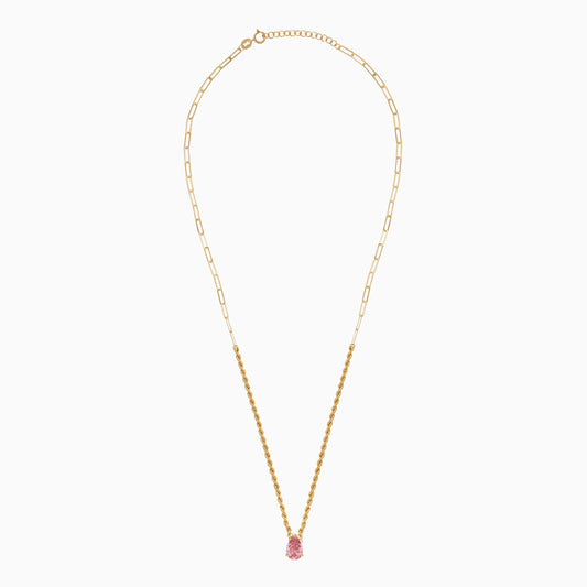 18K Yellow Gold Rope and Paperclip Chain with Pink Swarovski Zirconia Drop-Cut Stone