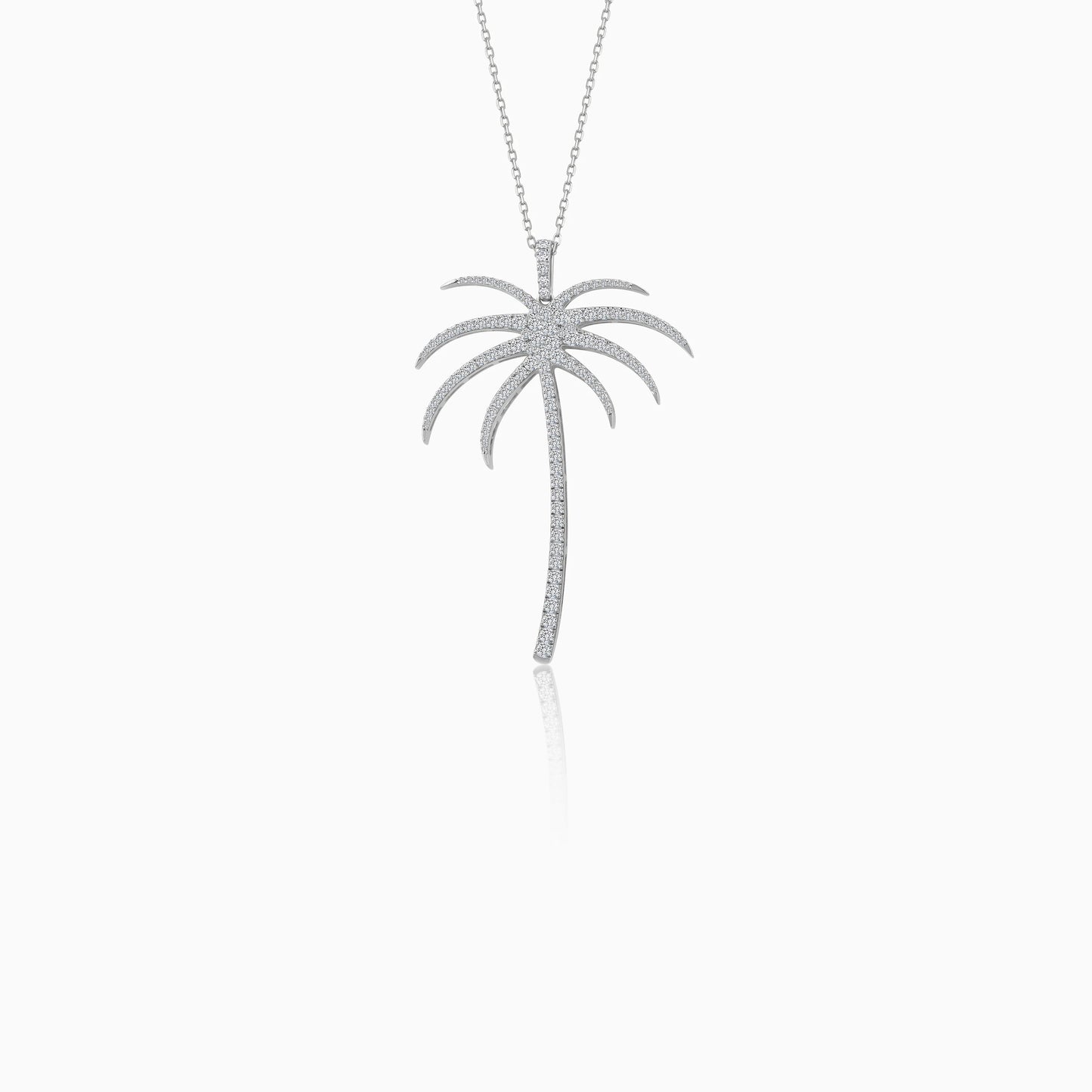 18K White Gold Chain with Palm Tree-Shaped Pendant (50mm) Decorated with Natural Diamond | Al Nakhla Collection