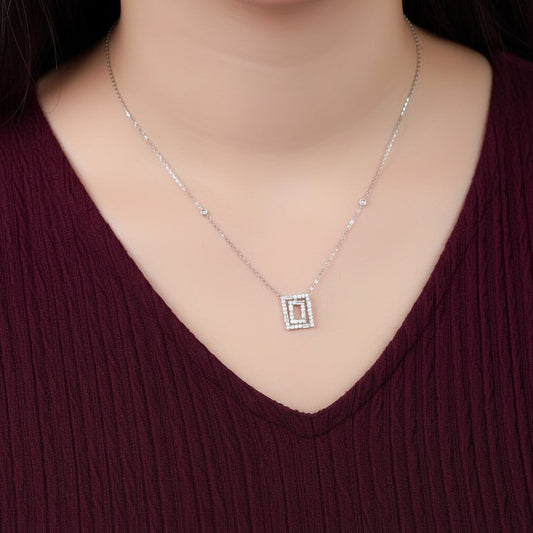 18K White Gold Necklace in rectangular shape decorated with round and baguette natural Diamonds - Trendy Collection
