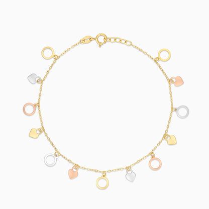 18K Gold Tri-Colour with Dangling Circles & Heart lock shapes