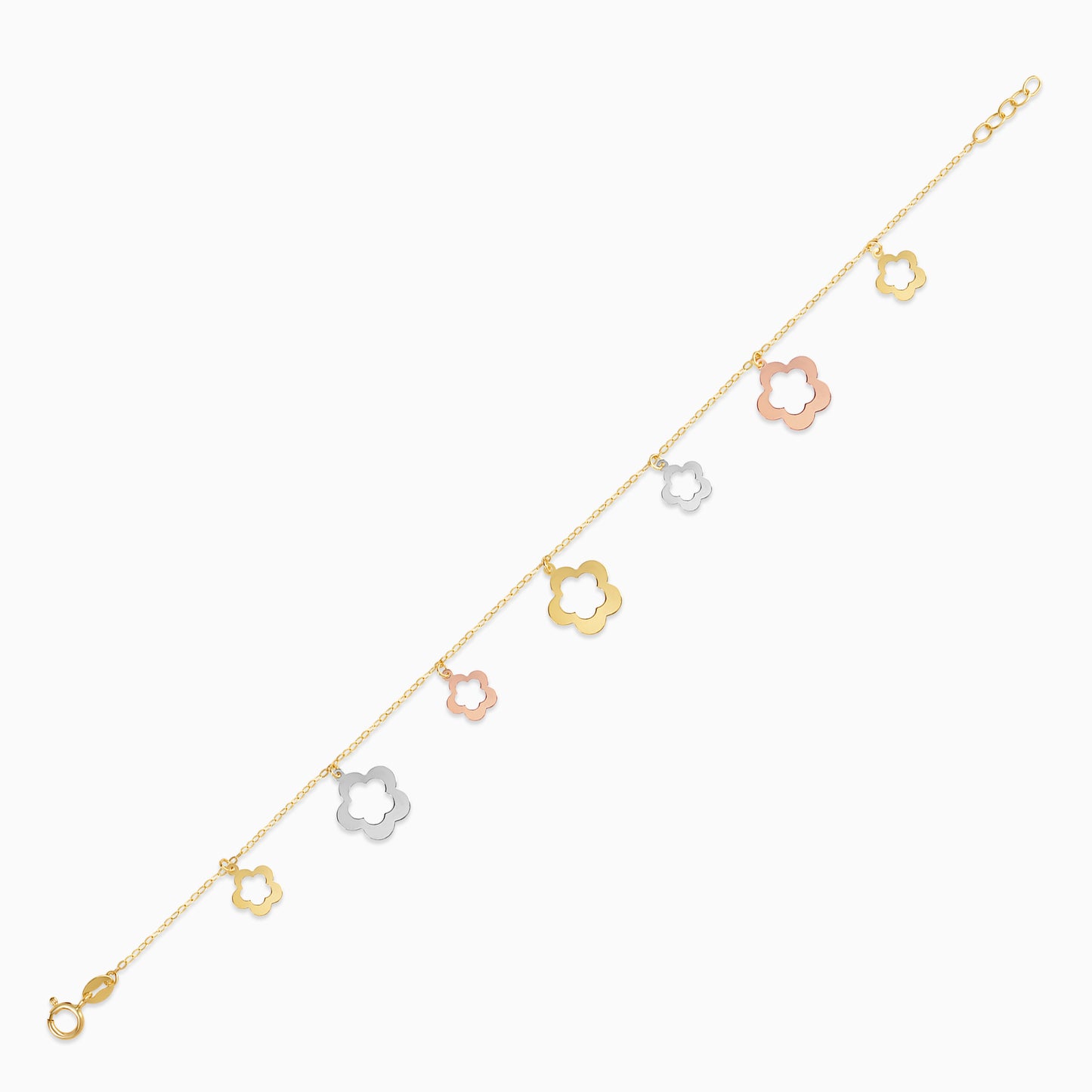18K Multi-Colour Gold Charm Bracelet with 2 sizes Flowers Dangling