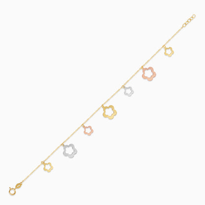 18K Multi-Colour Gold Charm Bracelet with 2 sizes Flowers Dangling