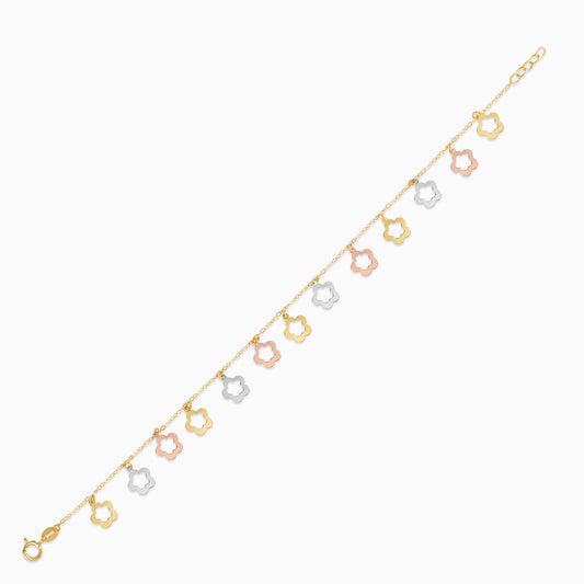 18K Multi-Colour Gold Charm Bracelet with Dangling Flowers