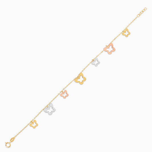18K Multicolour Gold Charm Bracelet with 2 sizes Dangling Butterflies