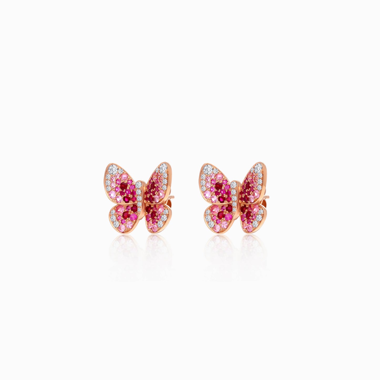 18K Rose Gold Pair of Earrings Butterfly Natural Pink Sapphire, Ruby and Diamonds