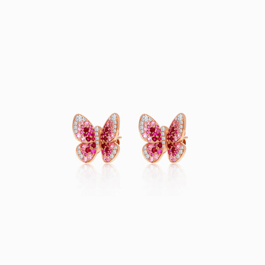 18K Rose Gold Pair of Earrings Butterfly Natural Pink Sapphire, Ruby and Diamonds