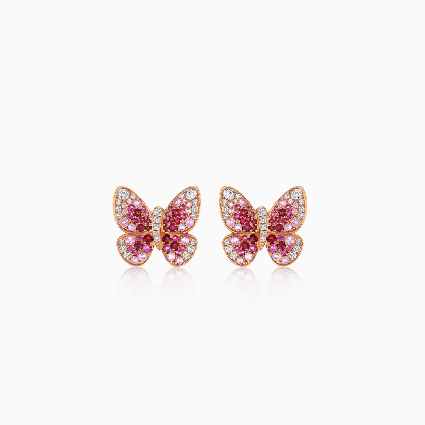 18K Rose Gold Pair of Earrings Butterfly Natural Pink Sapphire, Ruby and Diamonds