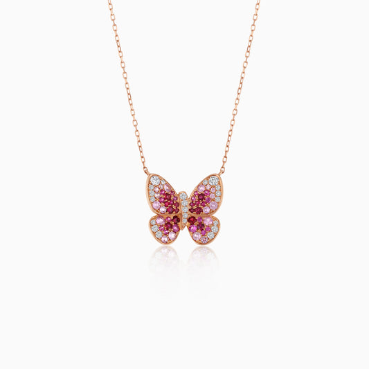 18K Rose Gold Pendant chain Butterfly Natural Pink Sapphire, Ruby and Diamonds