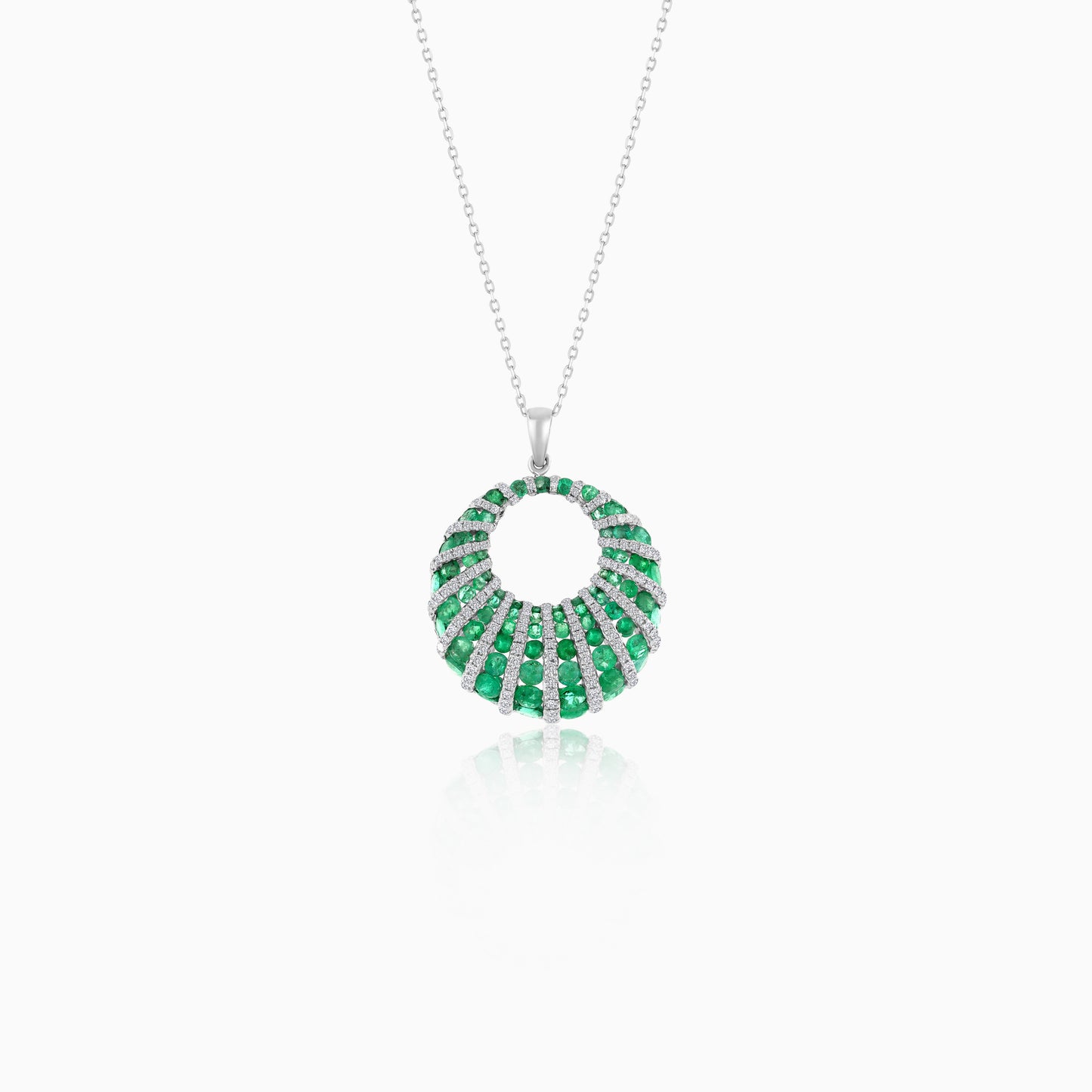 18K White Gold Chain with Natural Diamonds and Green Emerald