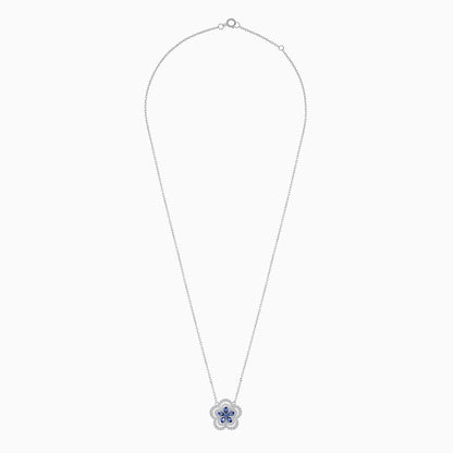 18K White Gold Flower shape Natural Diamonds & Blue Sapphire Pendant Chain