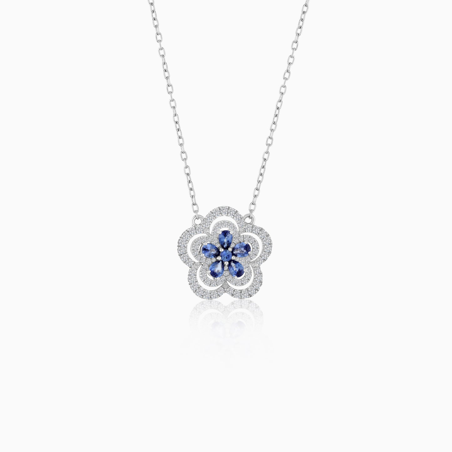 18K White Gold Flower shape Natural Diamonds & Blue Sapphire Pendant Chain